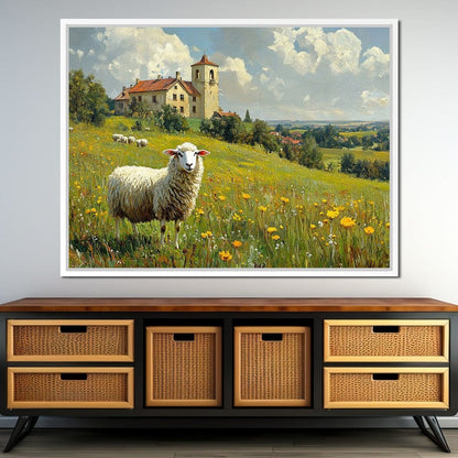 Meadow Sheep by the Countryside Canvas Wall Art