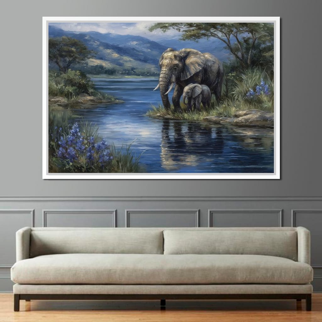 Elephant Family Riverbank Dream Canvas Wall Art