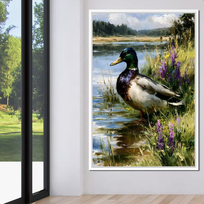 Solitary Mallard By The Still Shore Canvas Wall Art