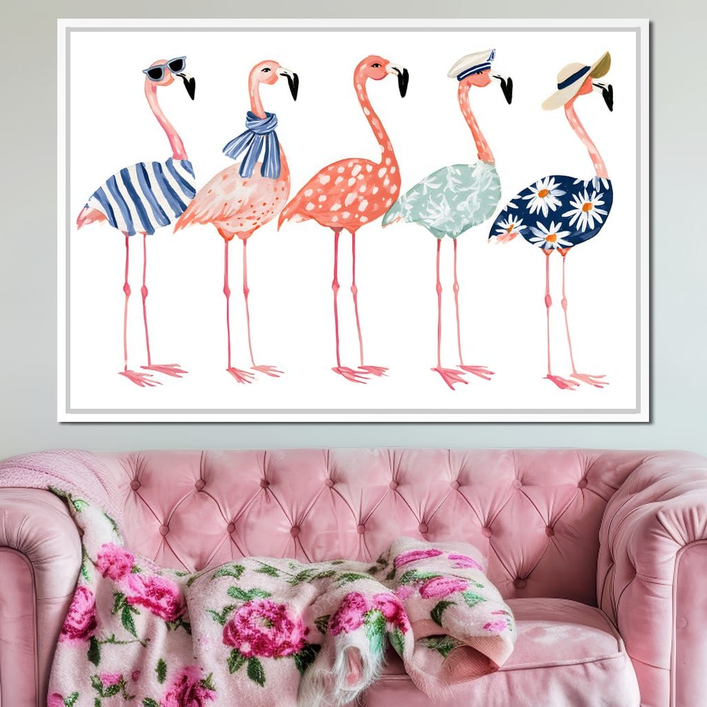 Five Stylish Flamingos on Summer Vacation Canvas Wall Art
