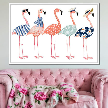 Five Stylish Flamingos on Summer Vacation Canvas Wall Art