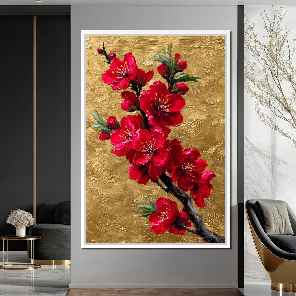 Golden Sakura Blossom Branch Canvas Wall Art