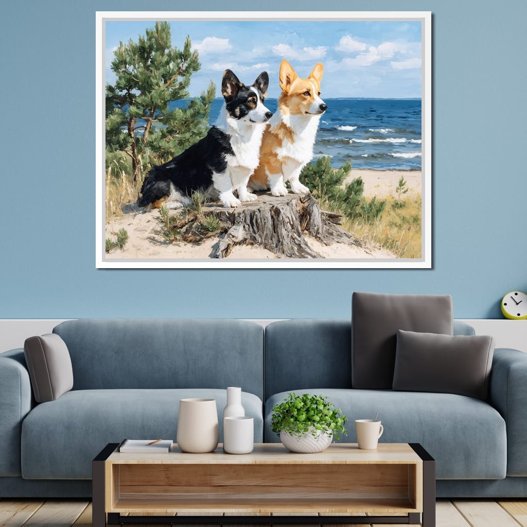 Coastal Corgi Pair Lookout Canvas Wall Art