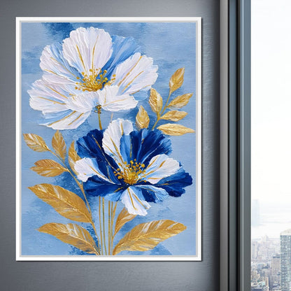 Blue White Peony Gold Leaf Canvas Wall Art