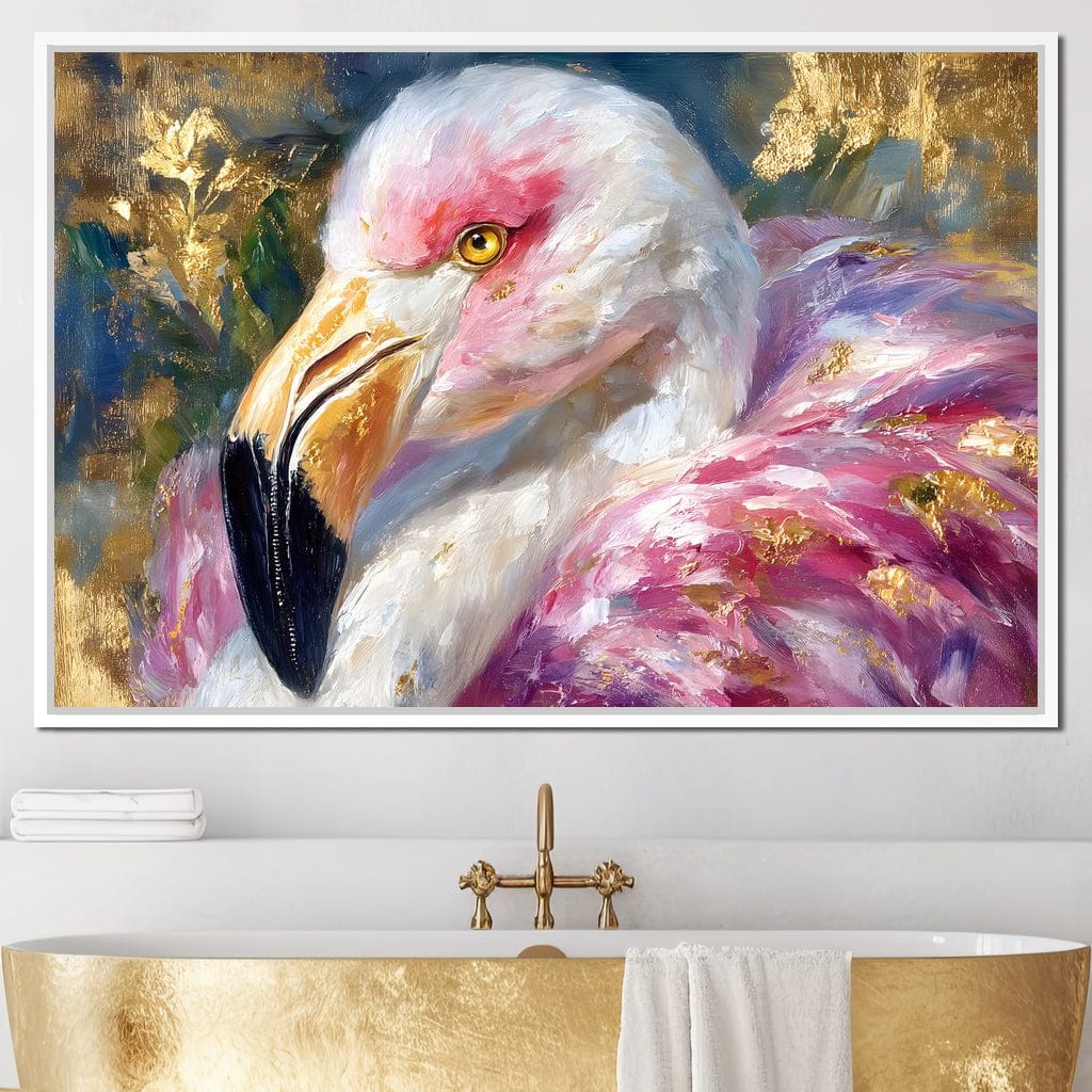 Golden Pink Flamingo Portrait Canvas Wall Art