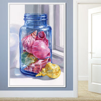 Seashells Jar Sunlit Window Canvas Wall Art
