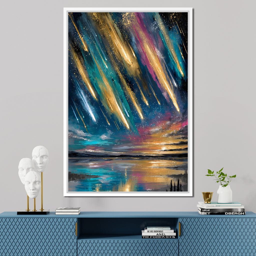 Golden Meteors Over Silent Lake Canvas Wall Art