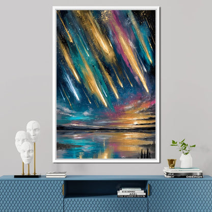 Golden Meteors Over Silent Lake Canvas Wall Art
