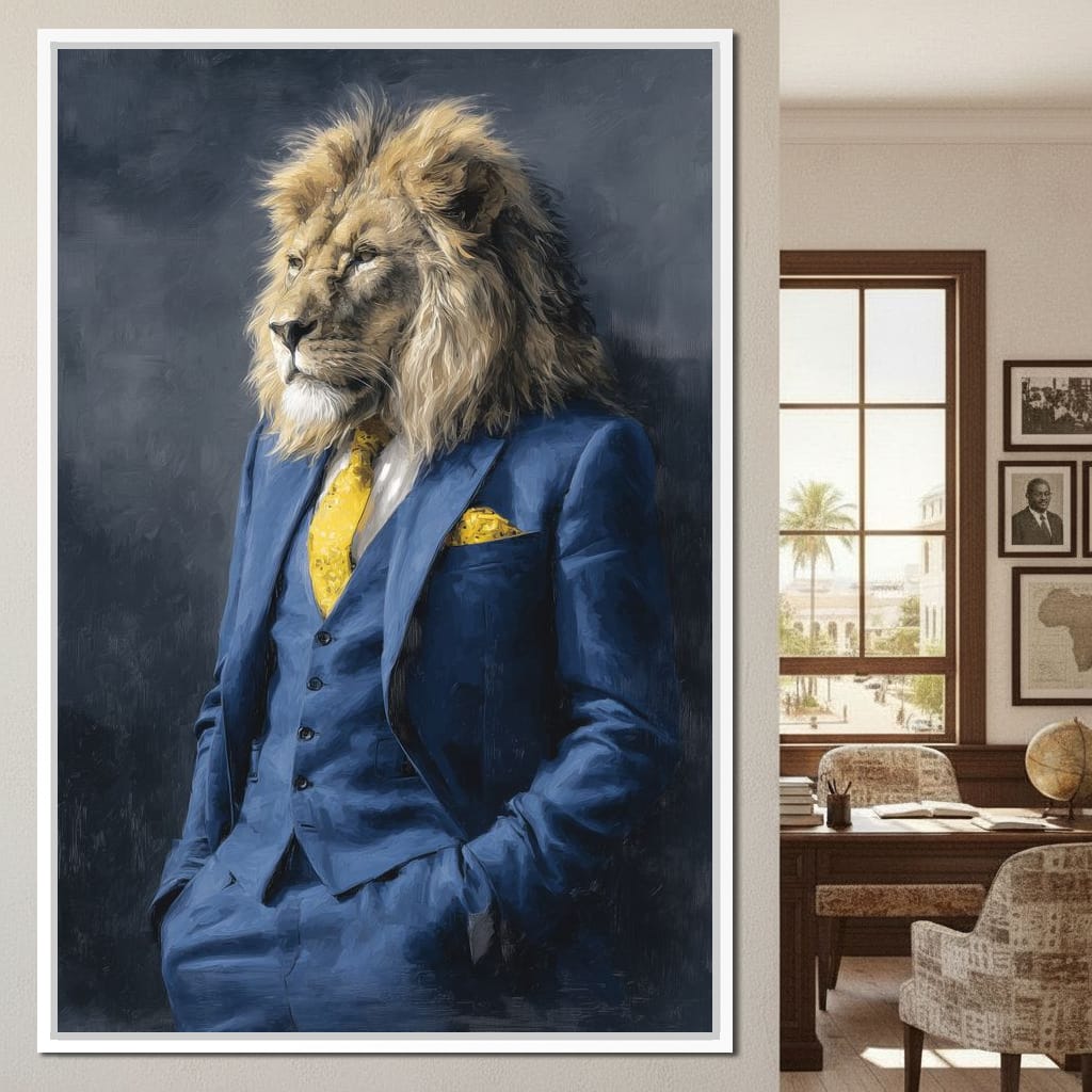 Regal Lion Portrait Blue Suit Canvas Wall Art