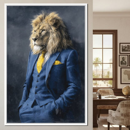 Regal Lion Portrait Blue Suit Canvas Wall Art