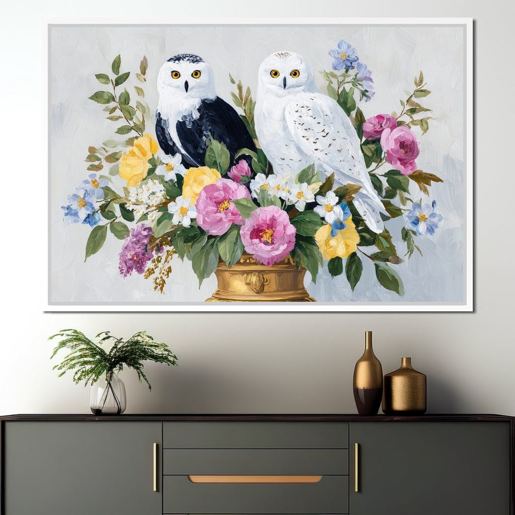 Snowy Owls Floral Canvas Wall Art