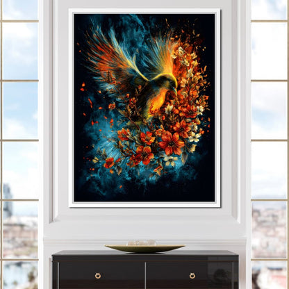 Flaming Phoenix Floral Burst Canvas Wall Art