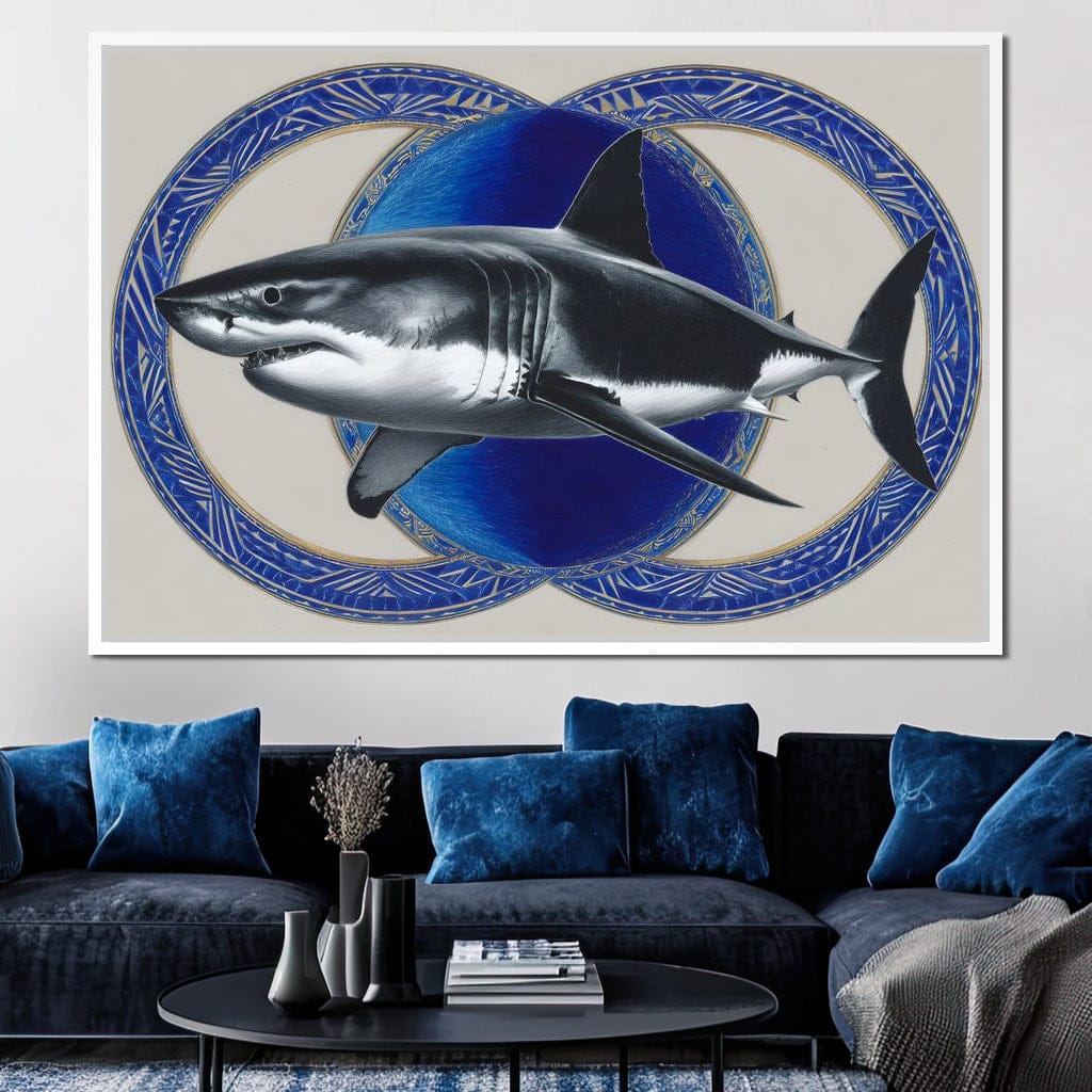 Great White Shark Emblem Blue Canvas Wall Art