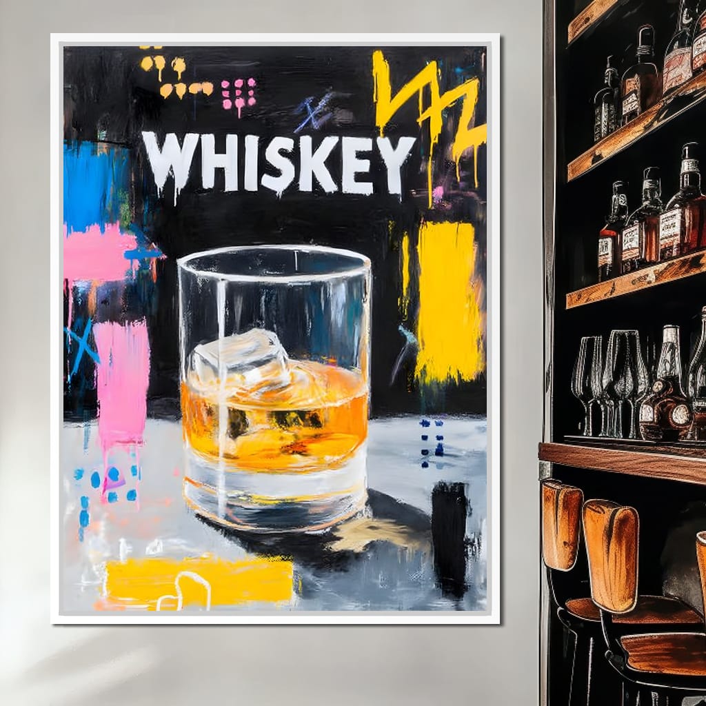 Neon Whiskey On The Rocks Canvas Wall Art