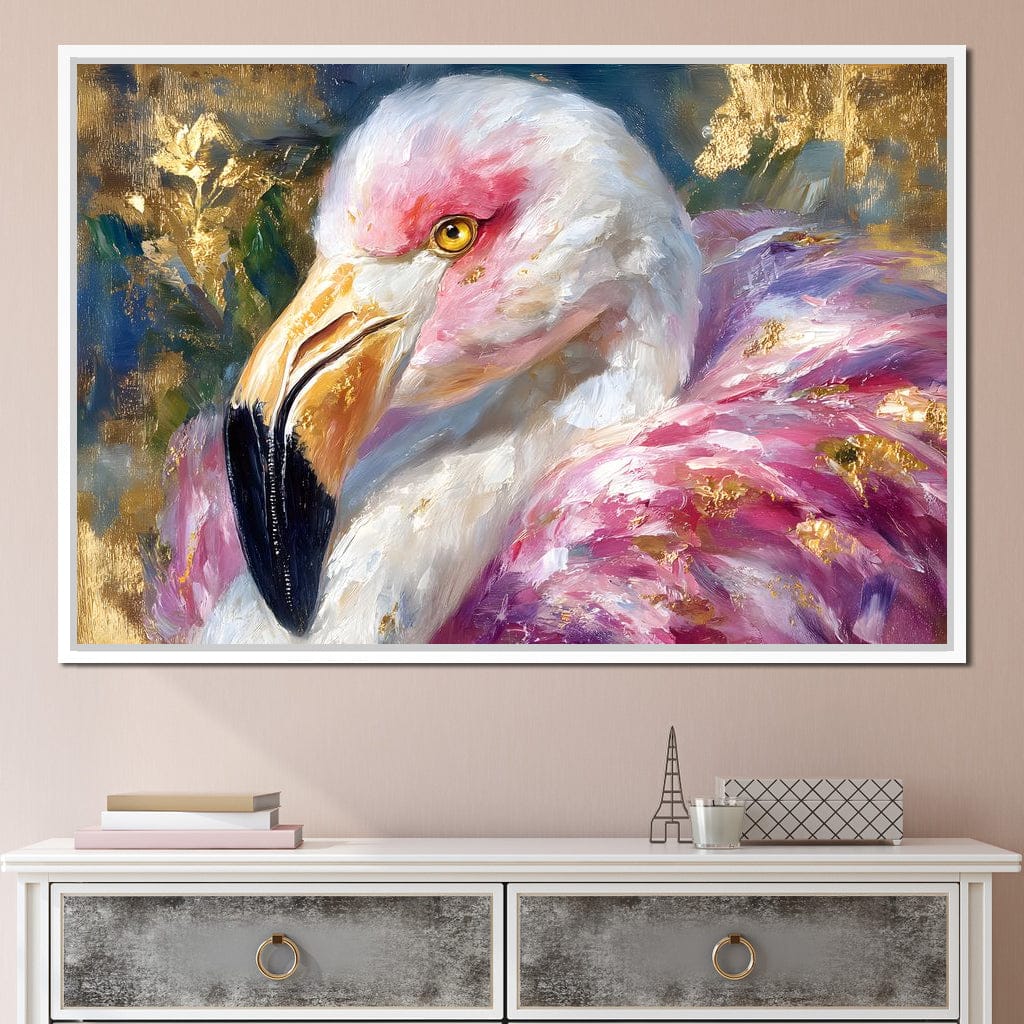 Golden Pink Flamingo Portrait Canvas Wall Art