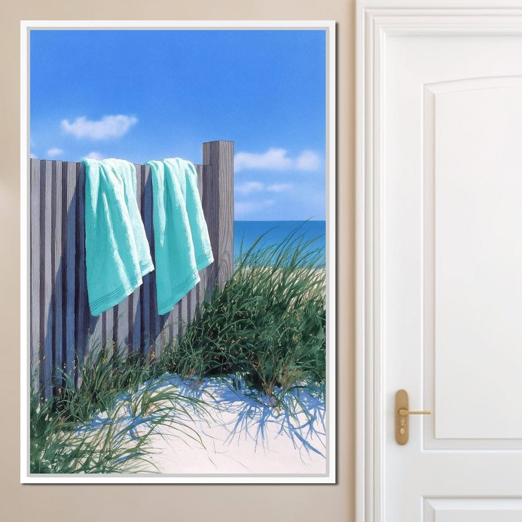 Coastal Towels On Dune Fence Canvas Wall Art