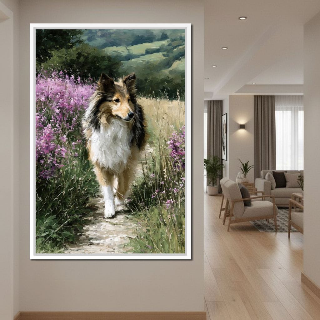 Sheltie Meadow Path Portrait Canvas Wall Art