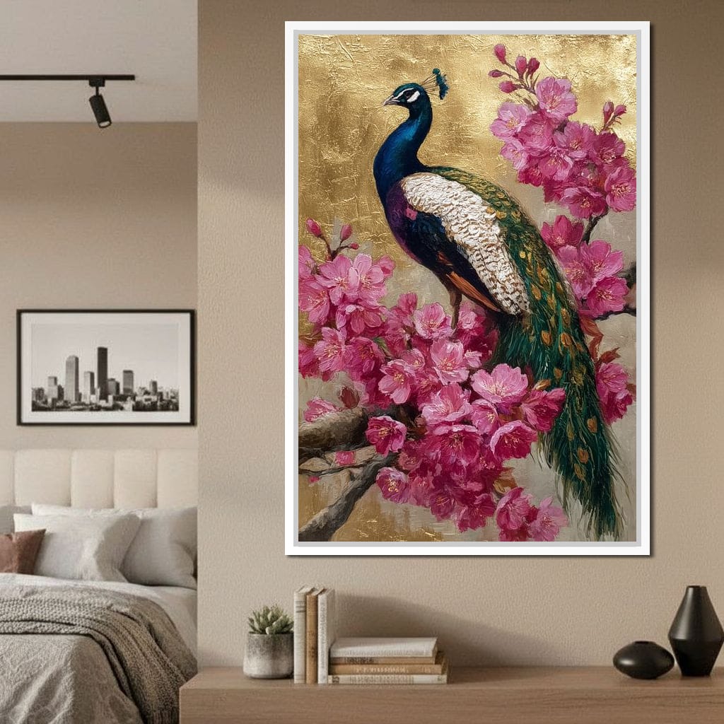 Golden Peacock Cherry Blossom Canvas Wall Art
