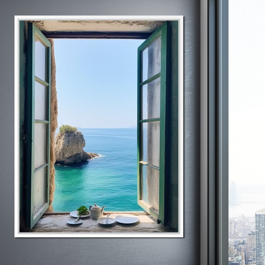 Oceanic Vista Through Wooden Pane Canvas Wall Art