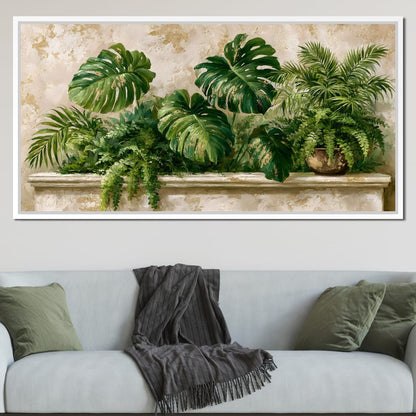 Sun Dappled Foliage On A Plaster Ledge Canvas Wall Art