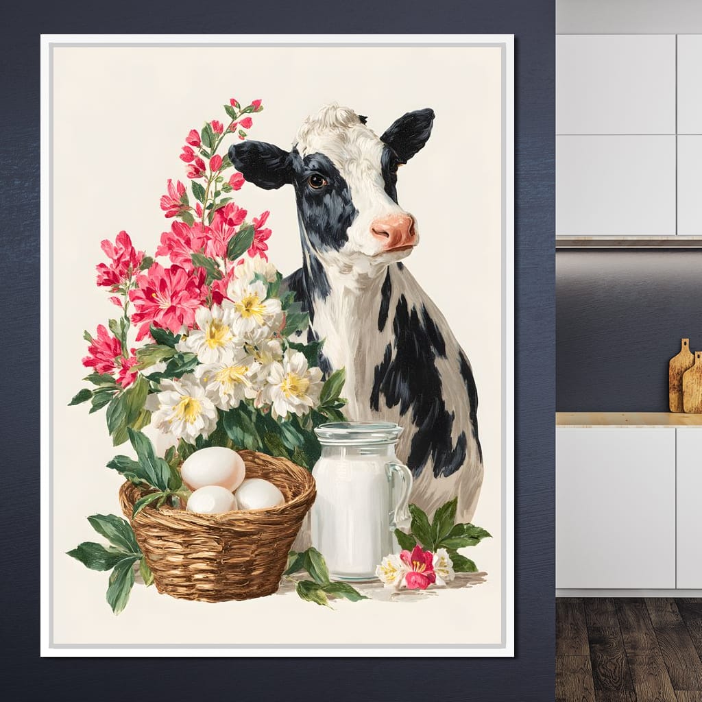 Farmhouse Cow Milk And Blooms Canvas Wall Art