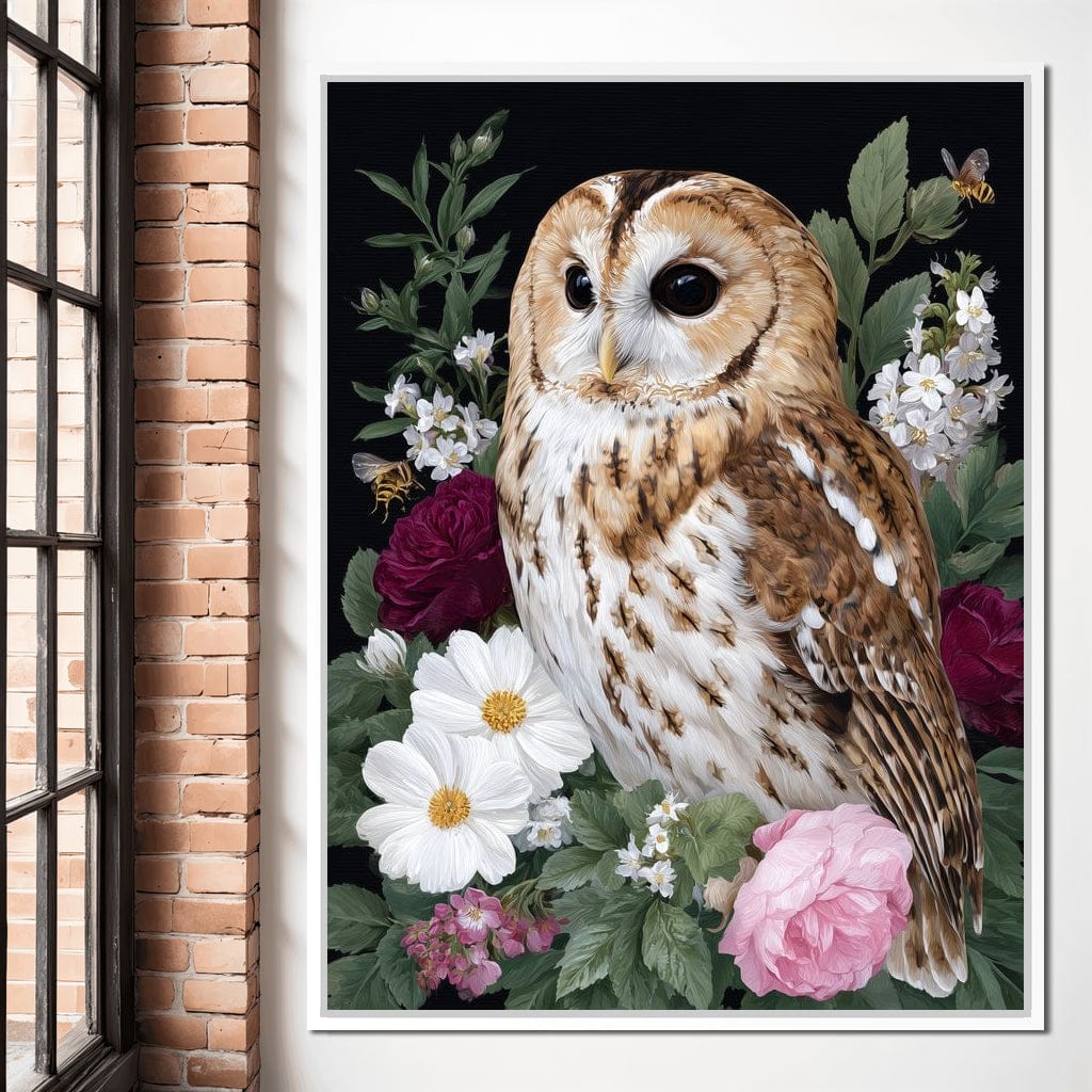 Barn Owl Floral Night Garden Canvas Wall Art