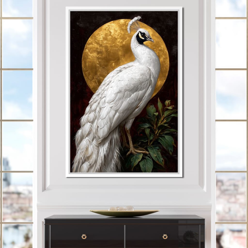 Golden Halo White Peacock Pose Canvas Wall Art