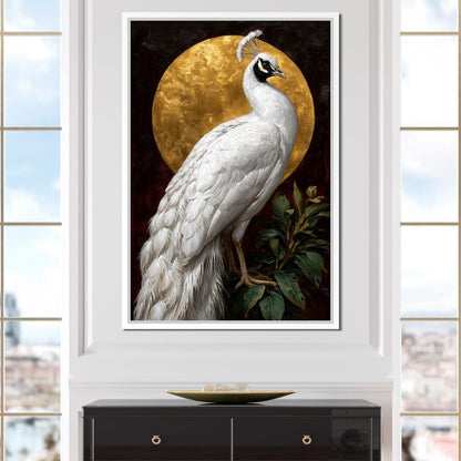 Golden Halo White Peacock Pose Canvas Wall Art
