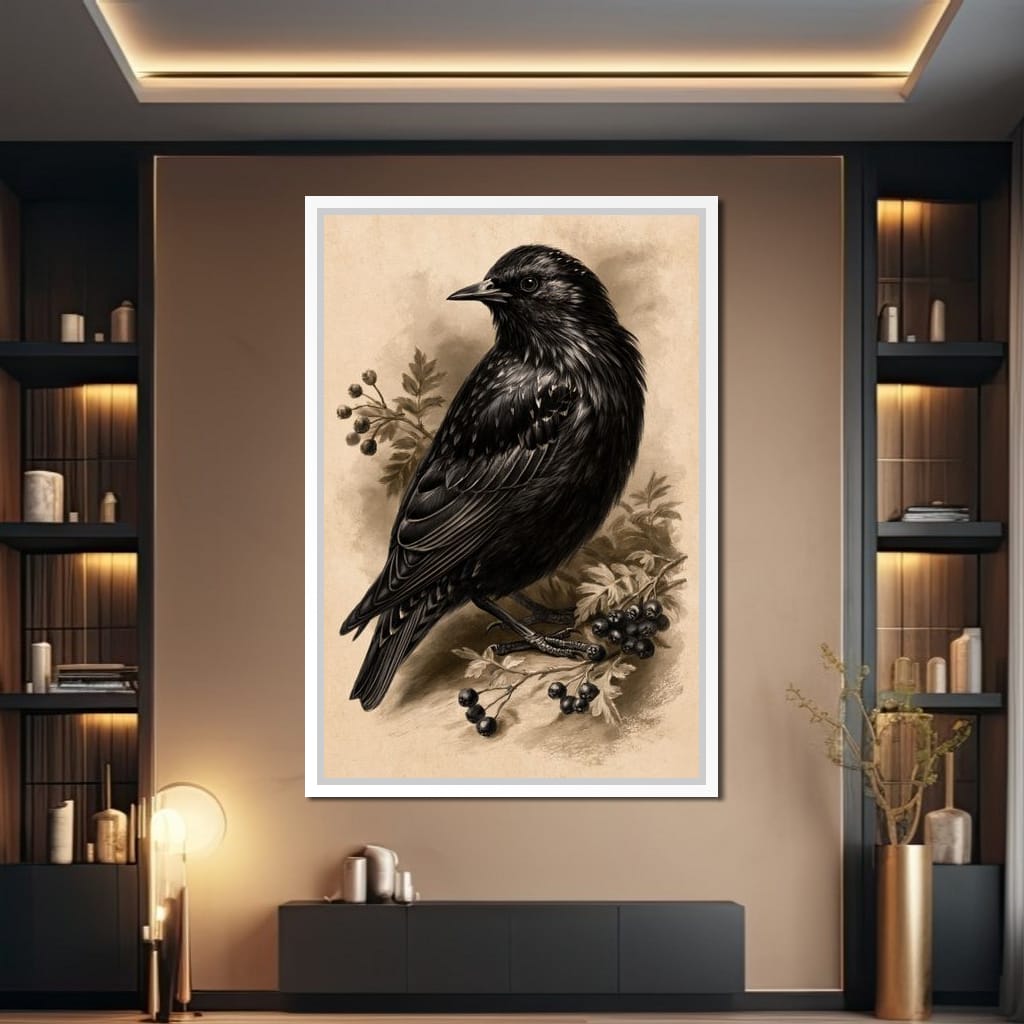 Solitary Starling Perched Upon Hawthorn Branch Canvas Wall Art