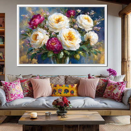 Golden Peonies on Blue Background Canvas Wall Art