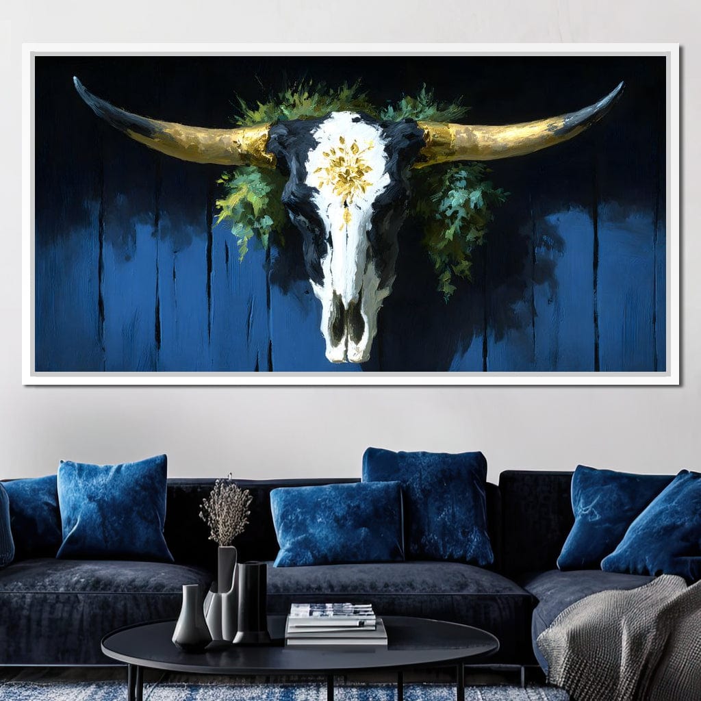 Golden Longhorn Skull Rustic Canvas Wall Art
