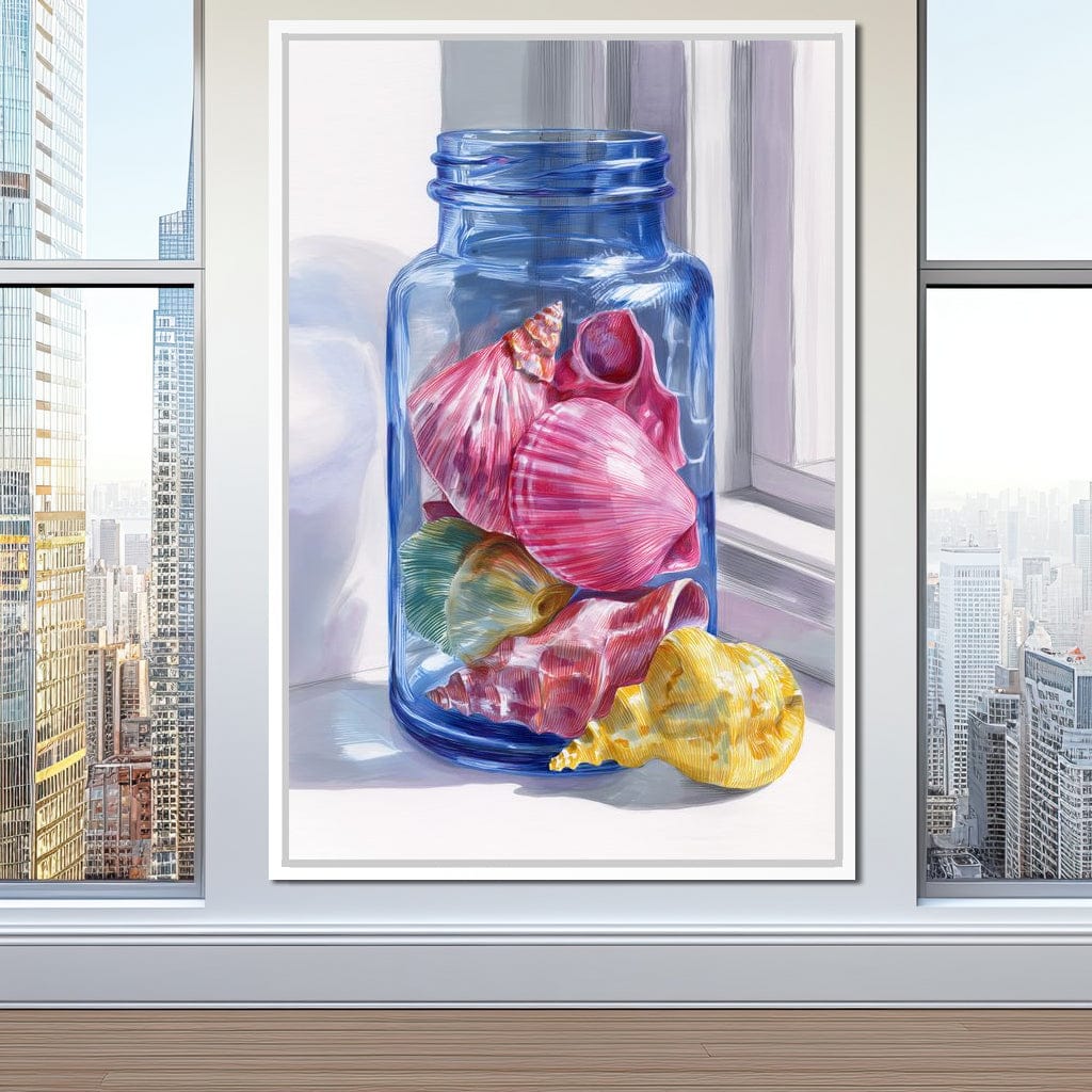 Seashells Jar Sunlit Window Canvas Wall Art