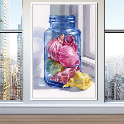 Seashells Jar Sunlit Window Canvas Wall Art