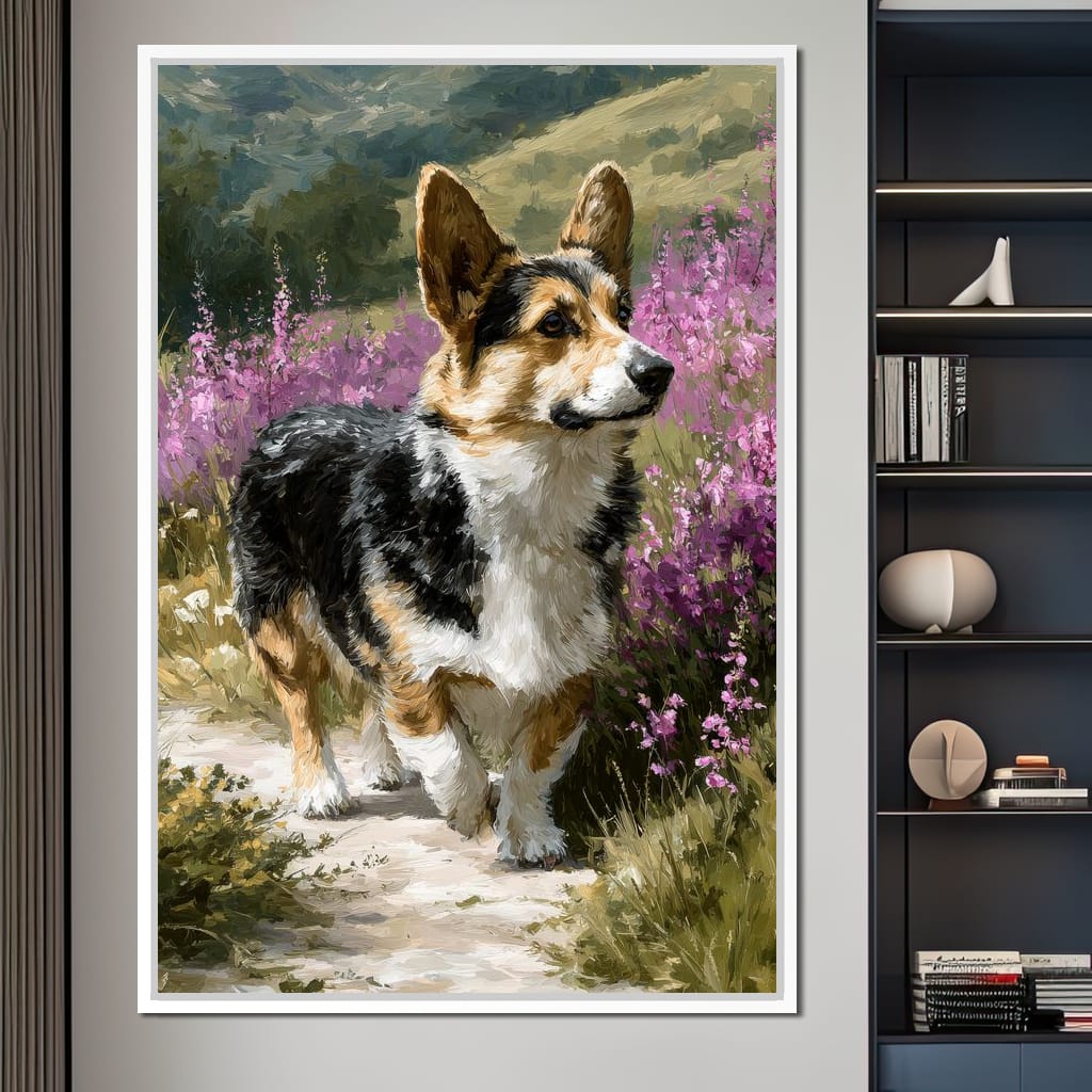 Corgi Along Heather Pathway Canvas Wall Art