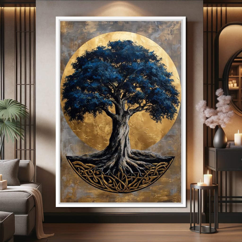 Golden Halo Blue Tree of Life Canvas Wall Art