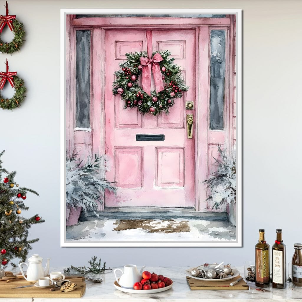 Winter Welcome Pink Door Canvas Wall Art
