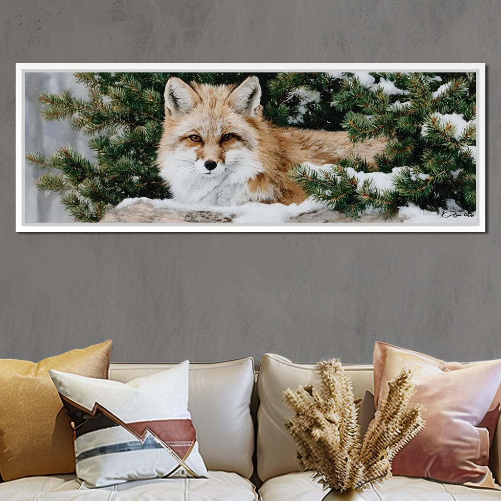 Winter Fox Under Pine Boughs Canvas Wall Art