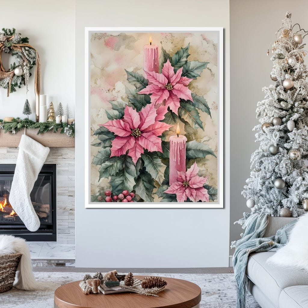 Festive Poinsettia Candle Glow Canvas Wall Art