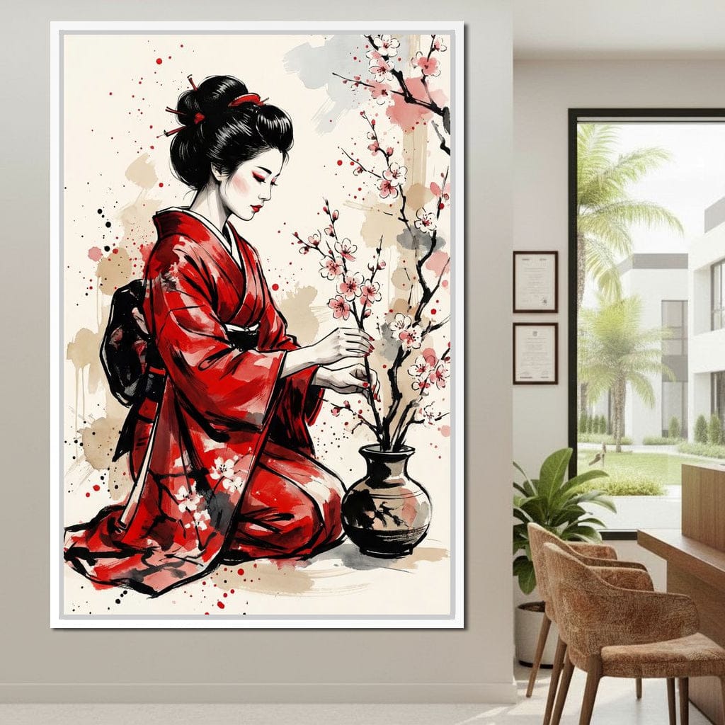 Japanese Woman with Cherry Blossoms Canvas Wall Art