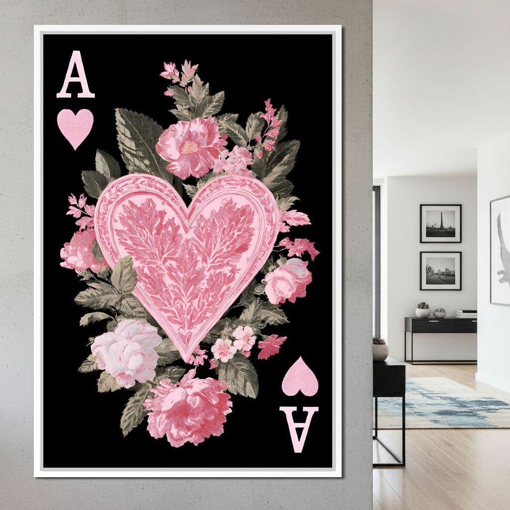 Floral Ace of Hearts Pink Rose Canvas Wall Art