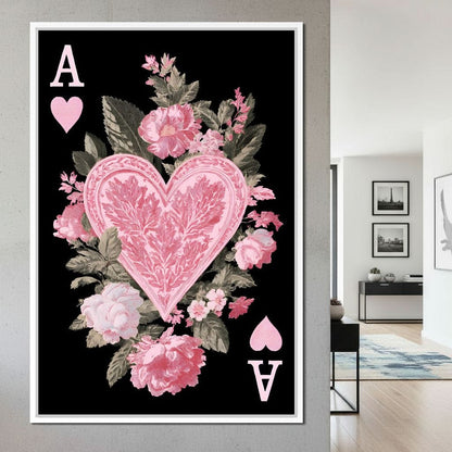 Floral Ace of Hearts Pink Rose Canvas Wall Art