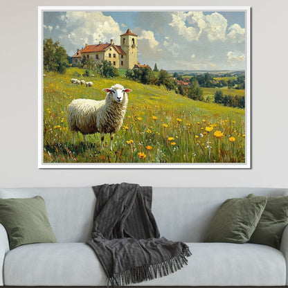 Meadow Sheep by the Countryside Canvas Wall Art