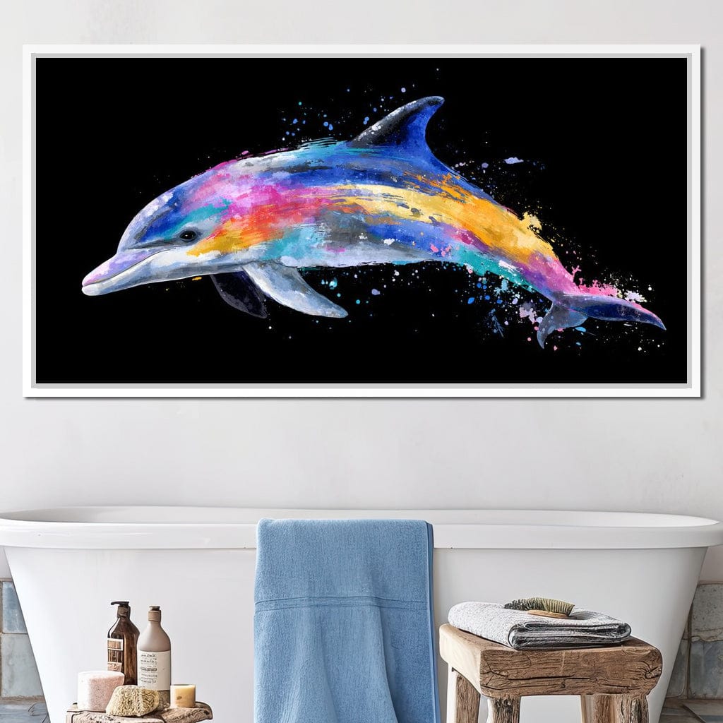 Rainbow Dolphin Splash Flight Canvas Wall Art