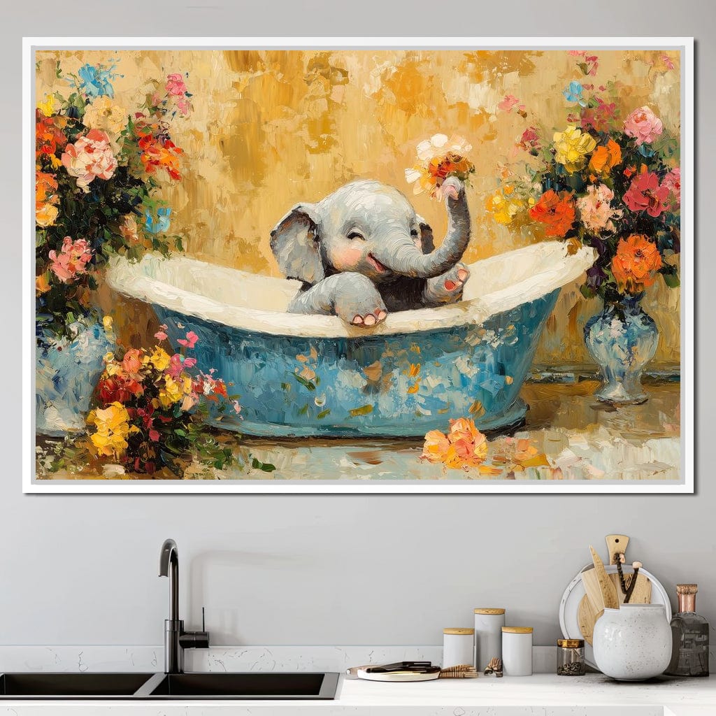 Elephant Joy in Floral Bath Canvas Wall Art