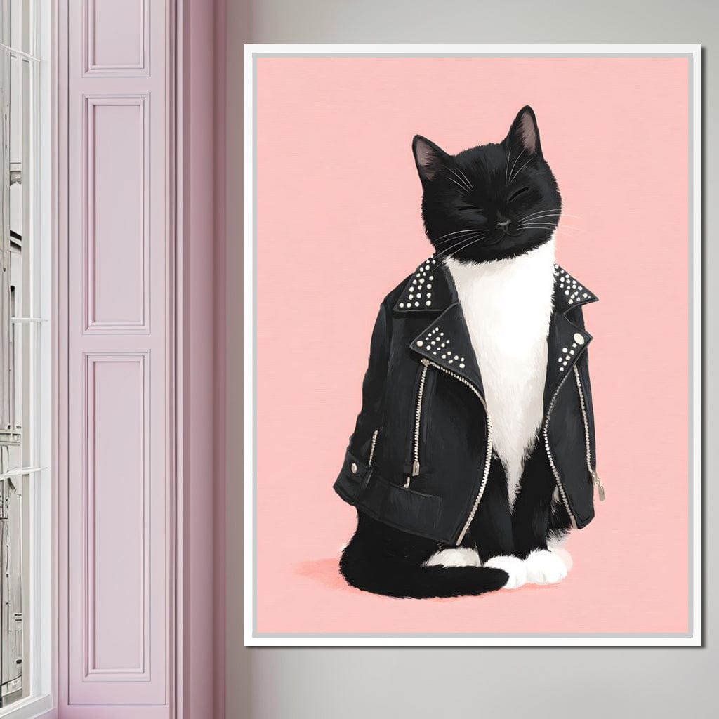 Biker Cat Attitude On Soft Pink Canvas Wall Art