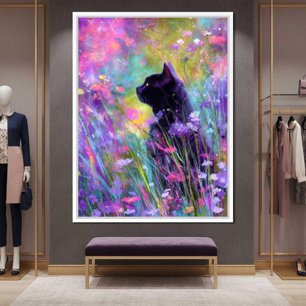 Midnight Feline Among Wildflowers Canvas Wall Art