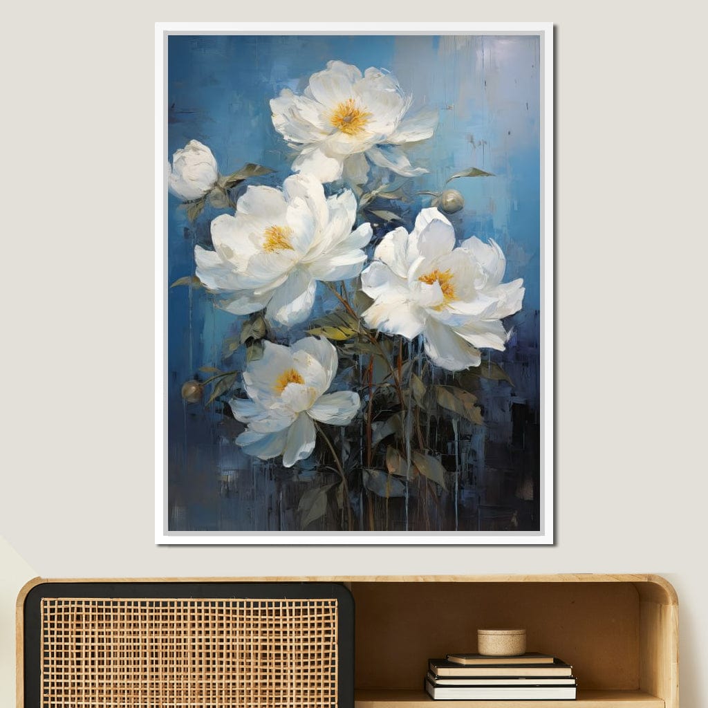 White Peonies on Light Blue Background Canvas Wall Art
