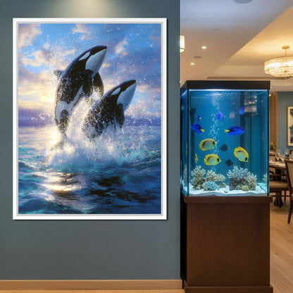 Breaching Orcas Dawn Ocean Dance Canvas Wall Art