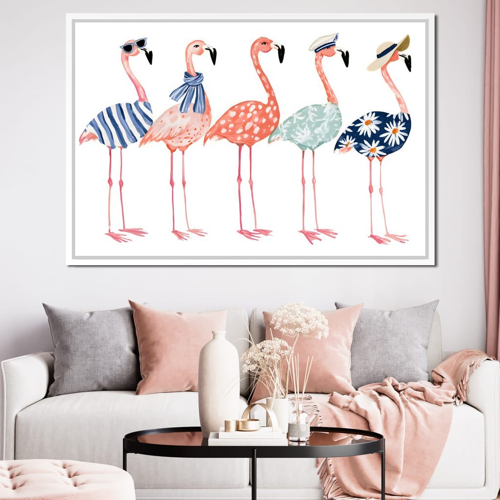 Five Stylish Flamingos on Summer Vacation Canvas Wall Art