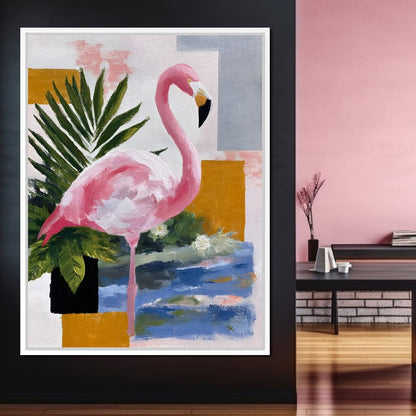 Pink Flamingo Tropical Blocks Canvas Wall Art